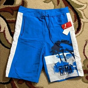 Puma Blue and White Swimming Shorts with Graphic Design